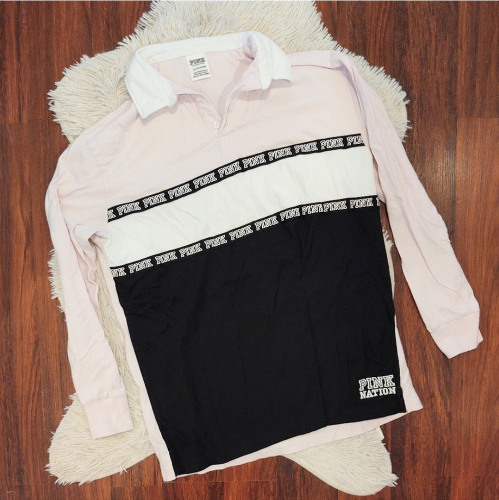 PINK Victoria's Secret Color Block Button Up Long Sleeve T-shirt